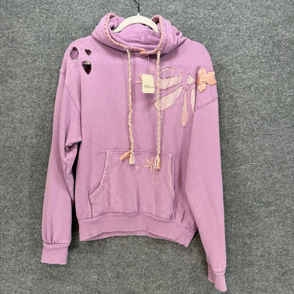 Free People Hoodie Women‎ XS Purple Flower Embroidered Boho RARE MSRP $198 NEW